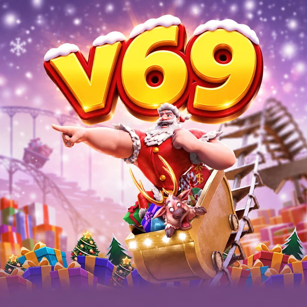 Logo v69 dengan karakter Sinterklas di atas kereta luncur di tengah tumpukan kado Natal pada tema game Santas Gift Rush