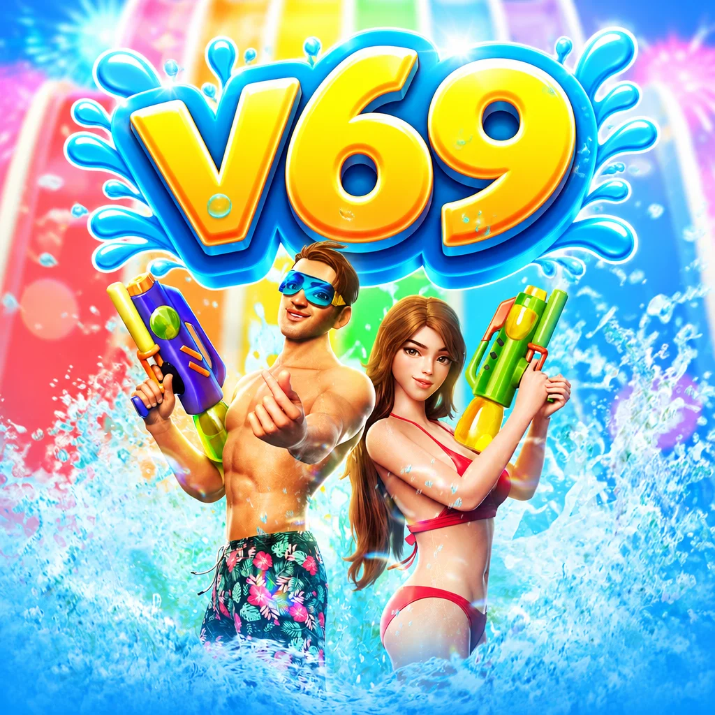 Logo v69 dengan karakter pria dan wanita bermain pistol air bertema festival Songkran Splash